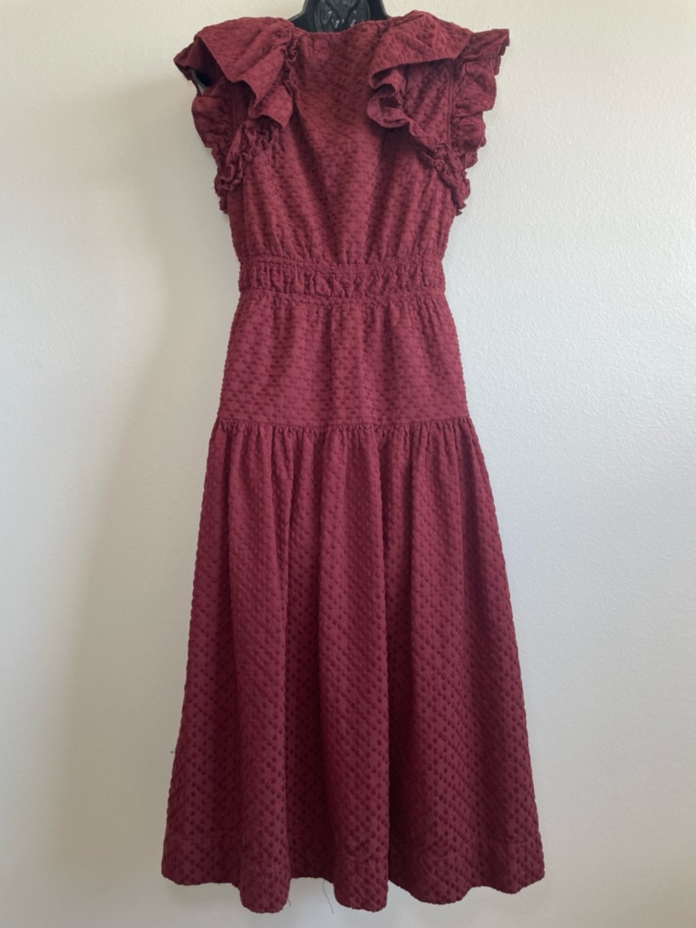 Chelsea & Violet Burgundy Swiss Dot Ruffle Midi Dress Size L (RUNS SMALL) - Picture 7 of 14